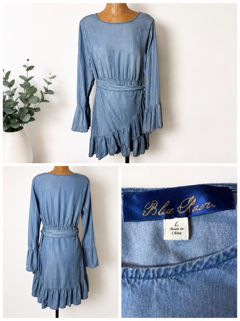 Blue Rain Chambray Faux Wrap Ruffle Dress Bell Sleeve